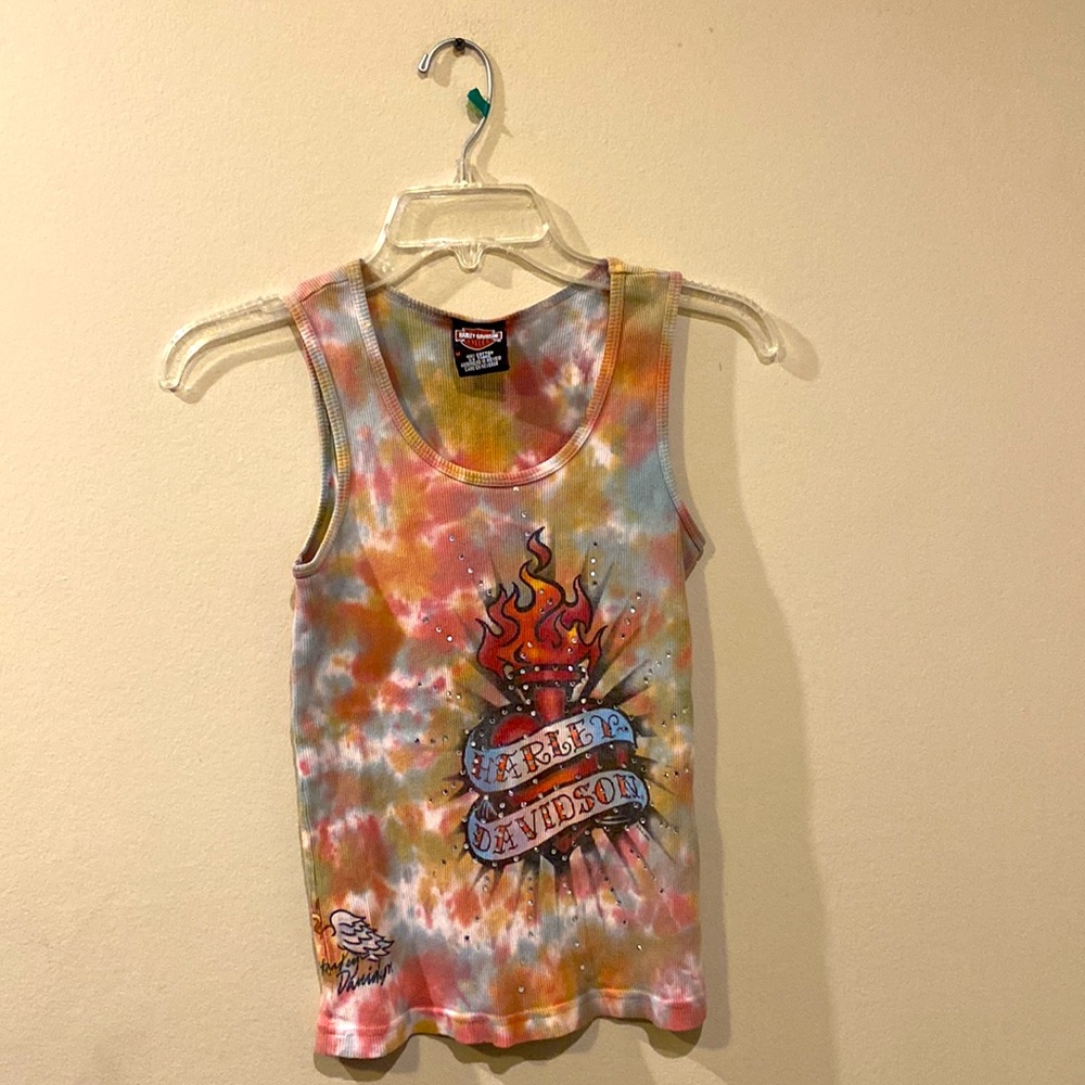 Harley Davidson Tie Dye Cotton Tank Top Medium Tattoo Art Style Bling Crystals